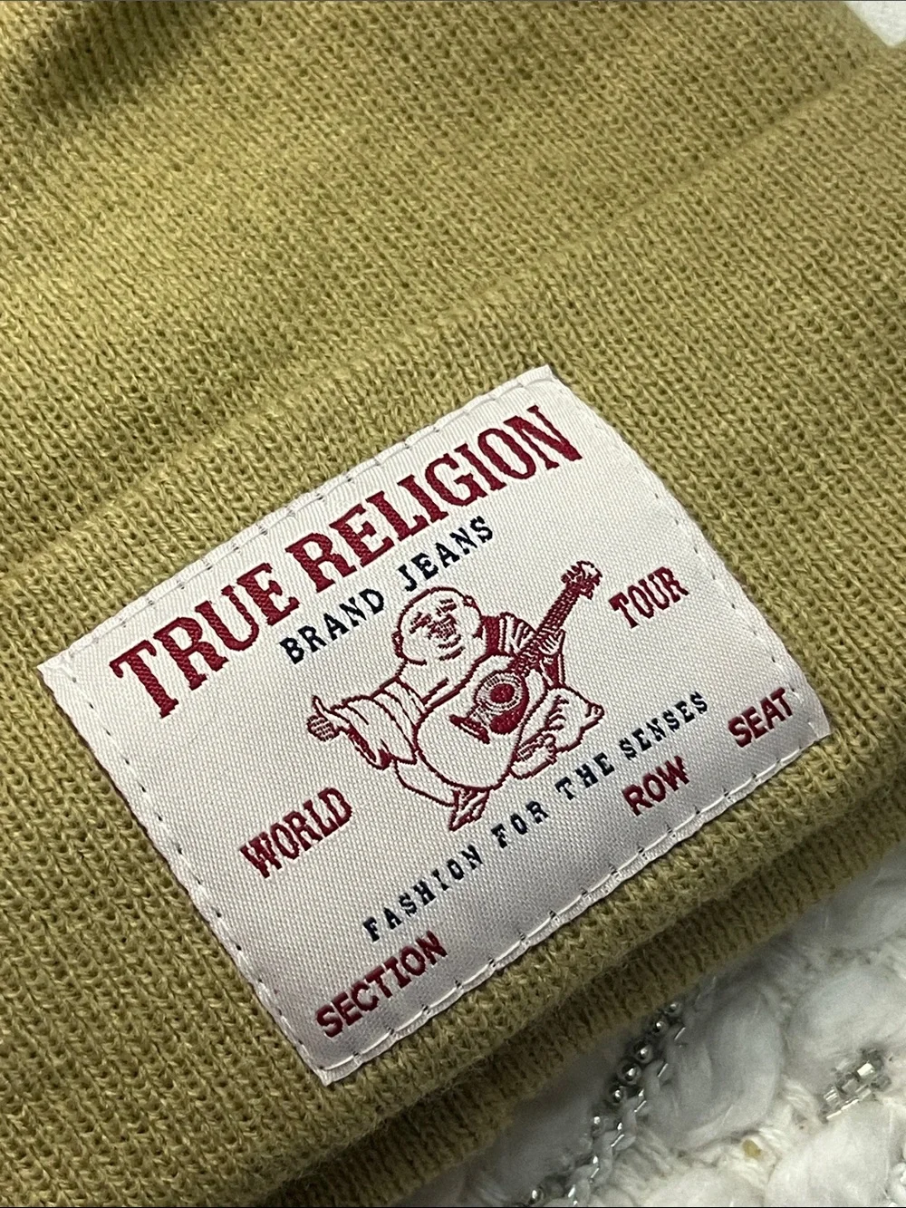 NWOT True Religion Tan Pom Pom Knit Beanie Hat Buddha Patch